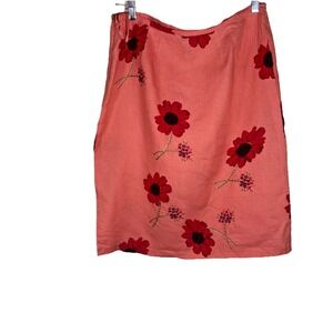100%‎ Linen Orange Skirt Artisan Red Floral Embroidery, Side Zip, Slit, Unique B